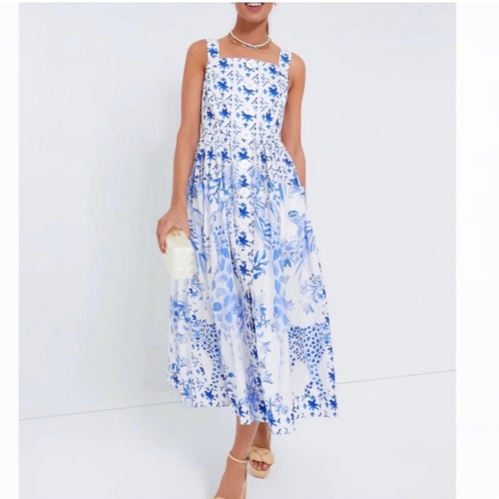 TUCKERNUCK Lou Lou Baker Safari dress White Maxi Dress with Blue Floral Print SM